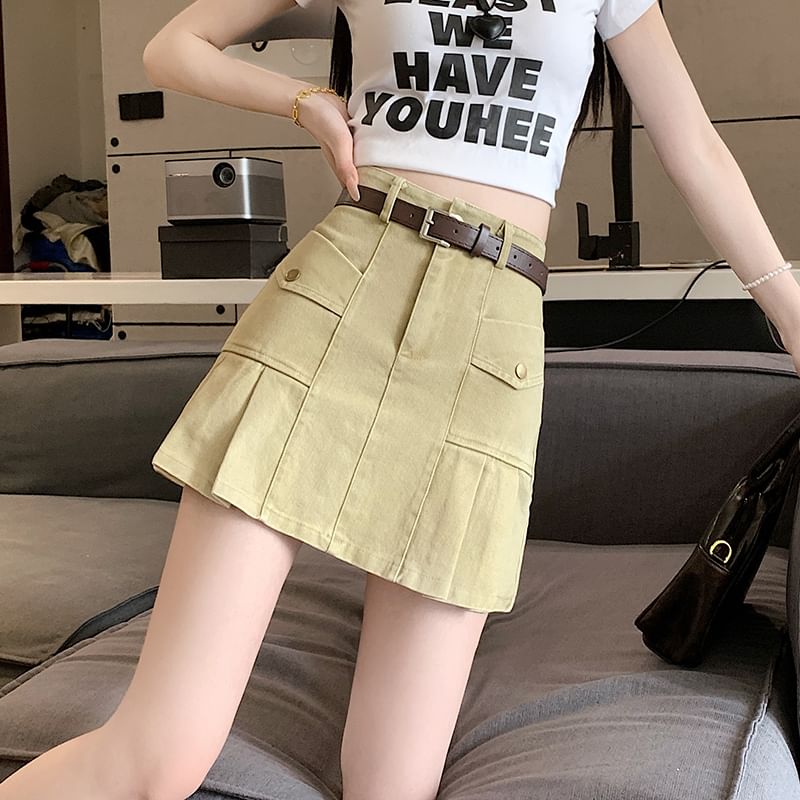 Denim Pleated Mini Skirt