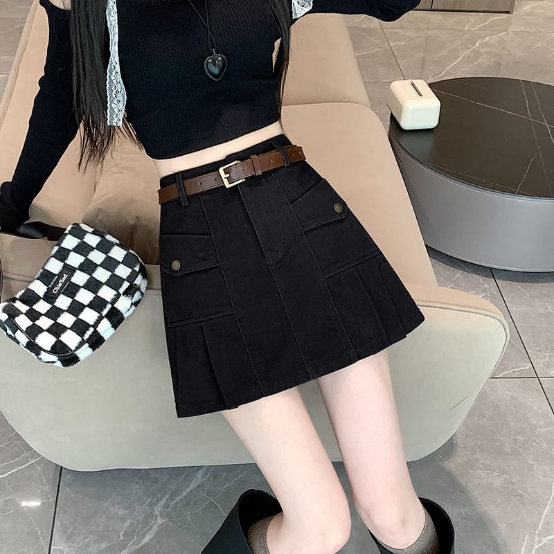 Denim Pleated Mini Skirt