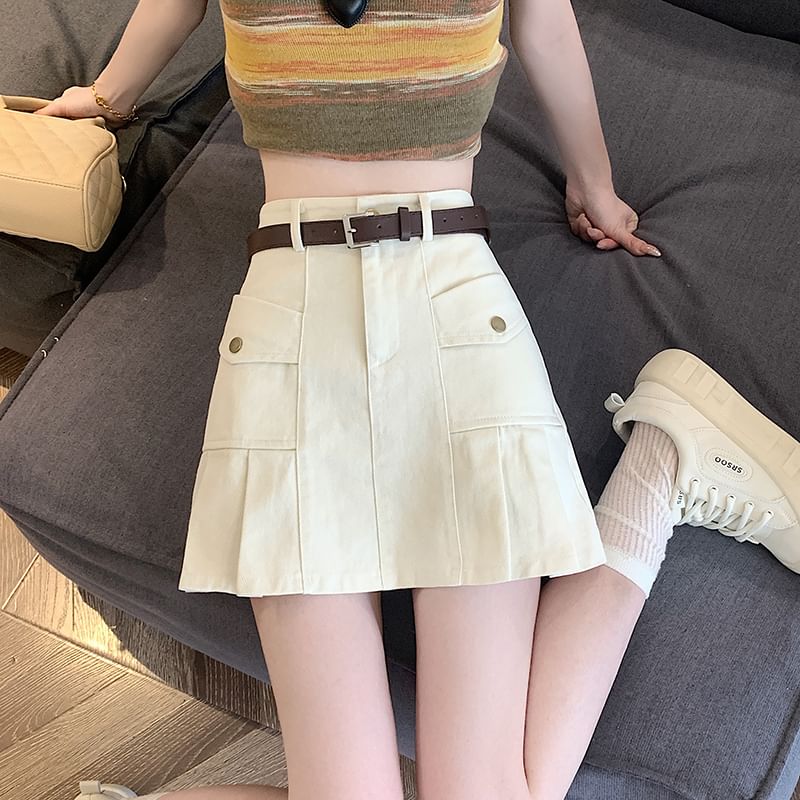 Denim Pleated Mini Skirt