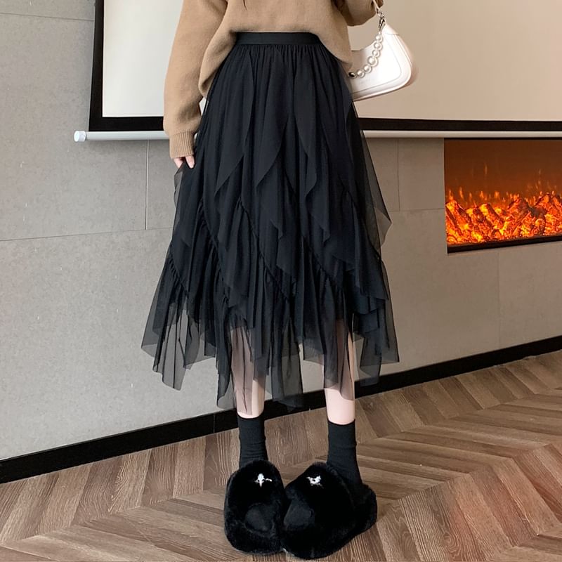 Asymmetrical Ruffle Panel Midi Skirt - High Rise