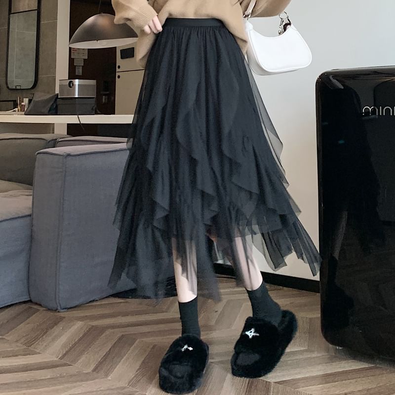 Asymmetrical Ruffle Panel Midi Skirt - High Rise