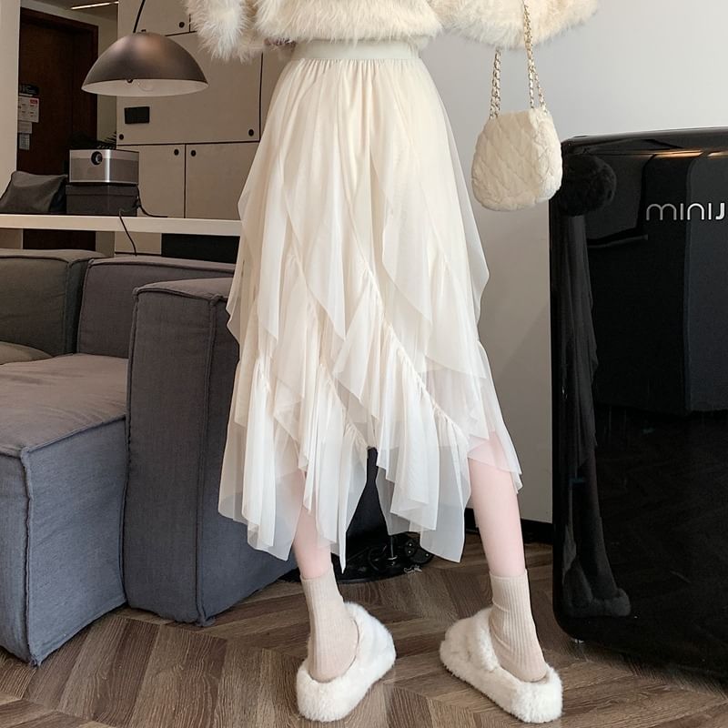Asymmetrical Ruffle Panel Midi Skirt - High Rise