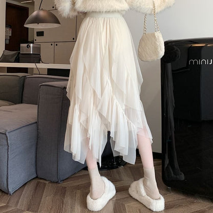 Asymmetrical Ruffle Panel Midi Skirt - High Rise