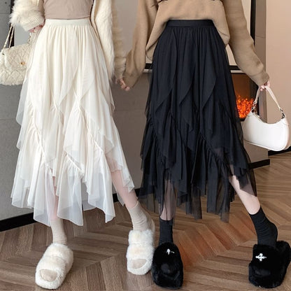 Asymmetrical Ruffle Panel Midi Skirt - High Rise
