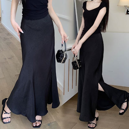 Slit Satin Mermaid Maxi Skirt - High Rise Elegant