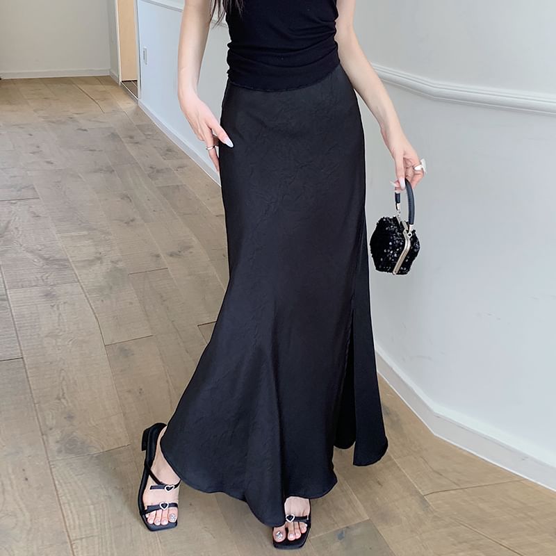 Slit Satin Mermaid Maxi Skirt - High Rise Elegant