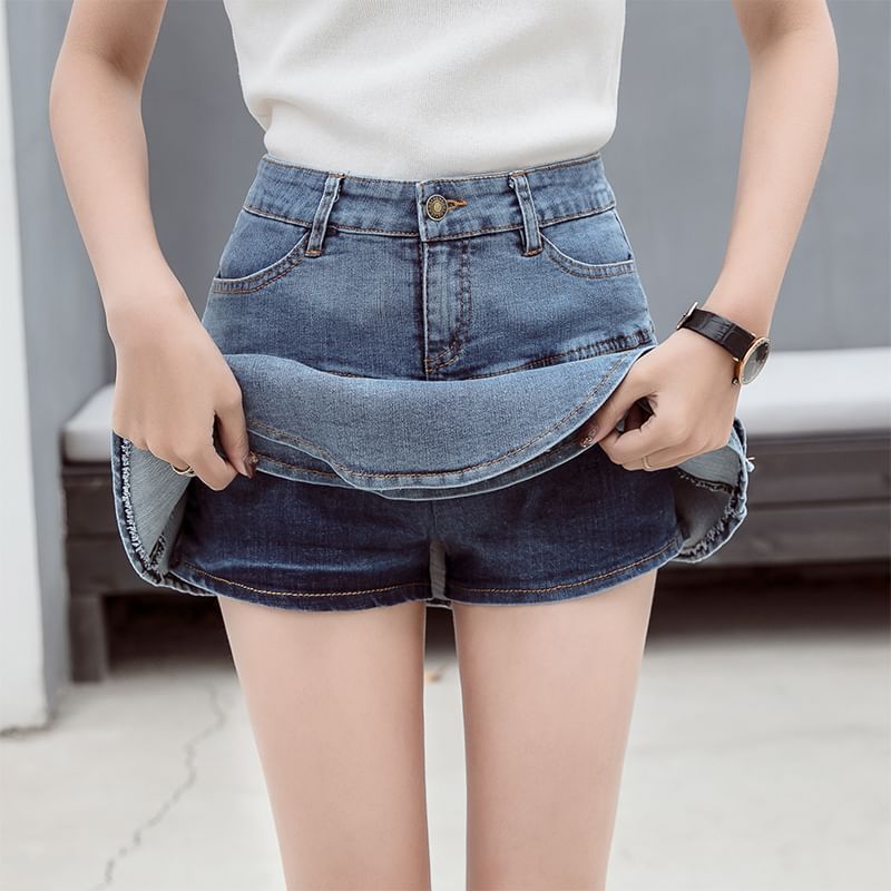 Ruffle Denim Mini Skirt - High Waist A-Line