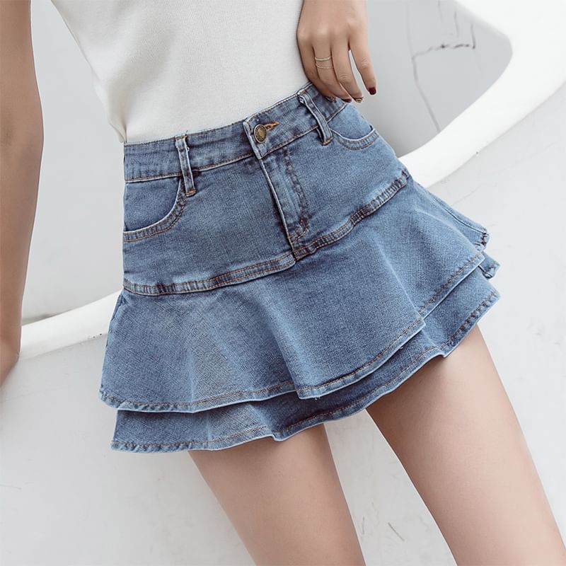 Ruffle Denim Mini Skirt - High Waist A-Line
