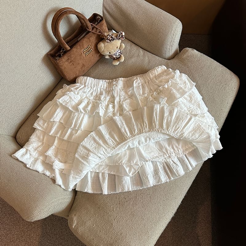 Tiered Mini Skirt with Drawstring Waist - Plain