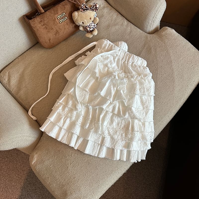Tiered Mini Skirt with Drawstring Waist - Plain