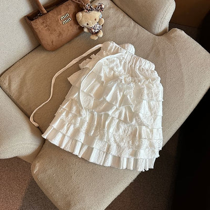Tiered Mini Skirt with Drawstring Waist - Plain