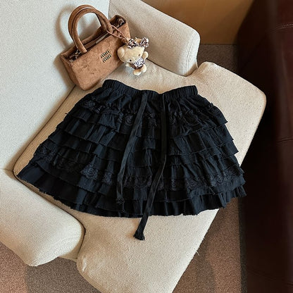 Tiered Mini Skirt with Drawstring Waist - Plain