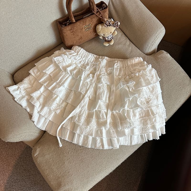 Tiered Mini Skirt with Drawstring Waist - Plain