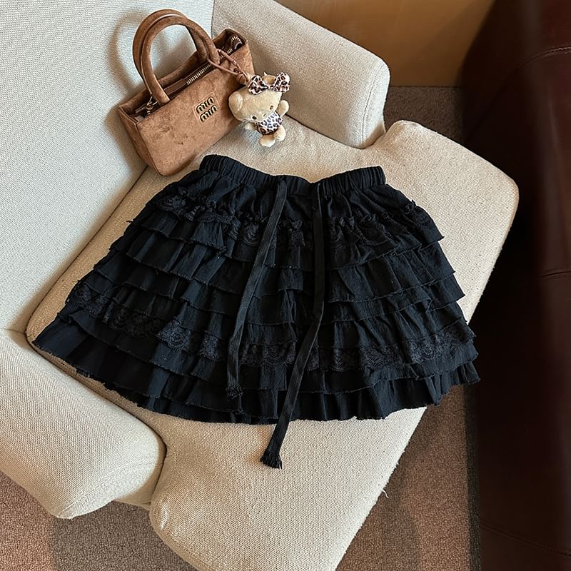 Tiered Mini Skirt with Drawstring Waist - Plain