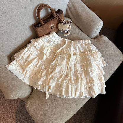 Tiered Mini Skirt with Drawstring Waist - Plain