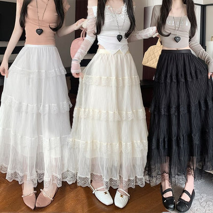 Tiered Lace Maxi Skirt with Elastic Waistband