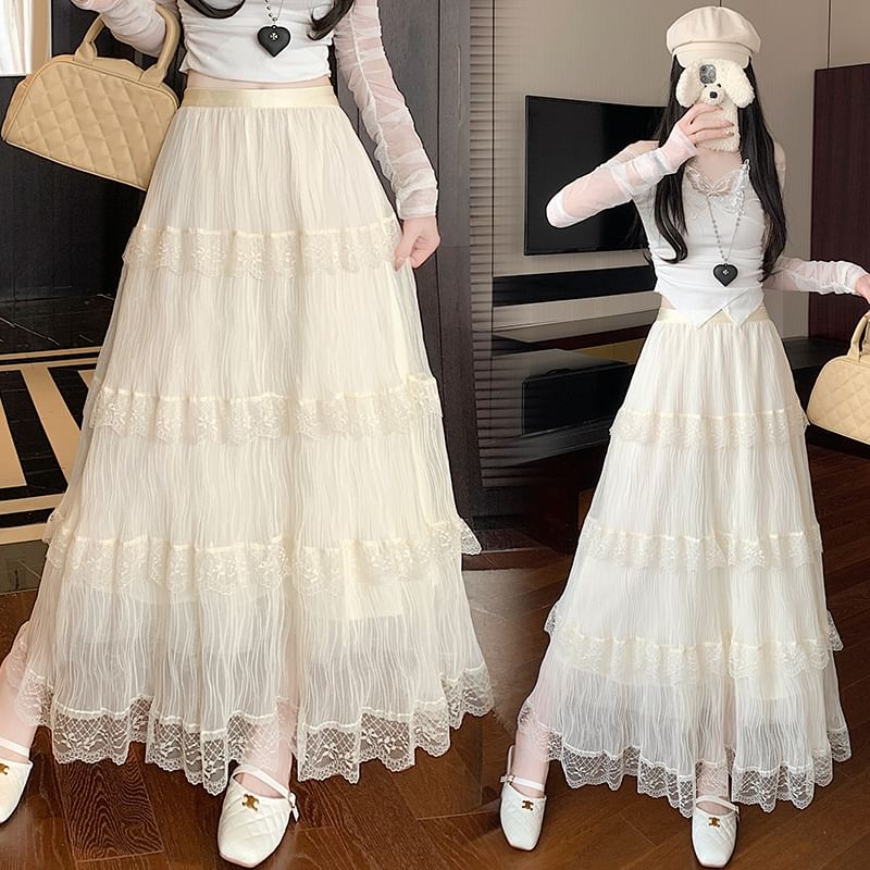 Tiered Lace Maxi Skirt with Elastic Waistband