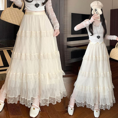 Tiered Lace Maxi Skirt with Elastic Waistband