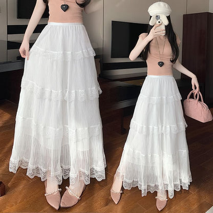 Tiered Lace Maxi Skirt with Elastic Waistband