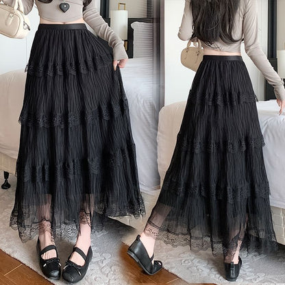 Tiered Lace Maxi Skirt with Elastic Waistband