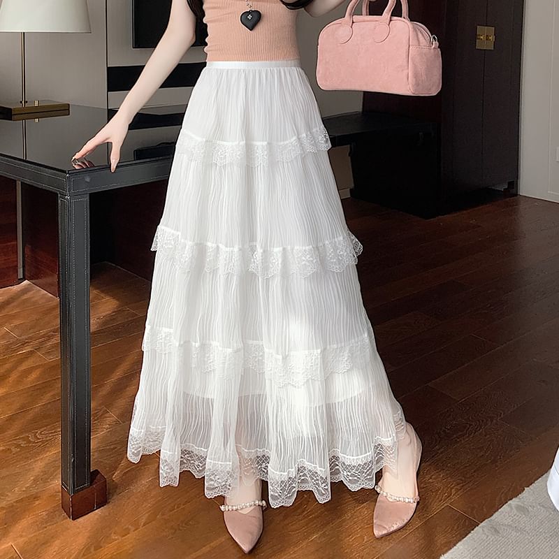 Tiered Lace Maxi Skirt with Elastic Waistband