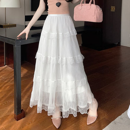 Tiered Lace Maxi Skirt with Elastic Waistband