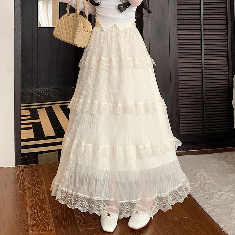 Tiered Lace Maxi Skirt with Elastic Waistband