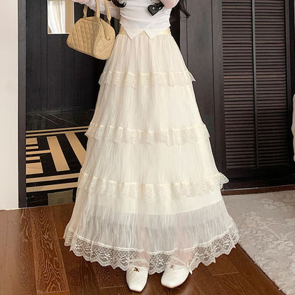 Tiered Lace Maxi Skirt with Elastic Waistband