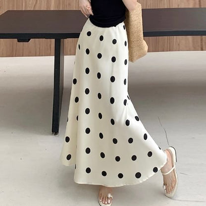 Dotted Maxi A-Line Skirt - High Rise Retro Print