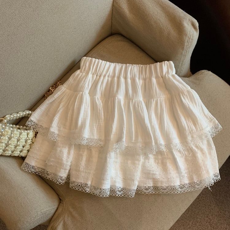 Lace Mini Skirt with Elastic Waistband - Soft