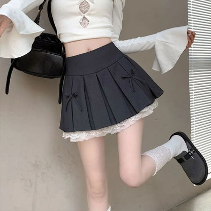 Lace Trim Pleated Mini Skirt - High Waist Feminine