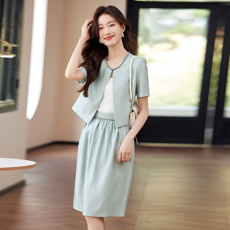 Beaded Jacket with Gathered Midi Skirt Ensemble