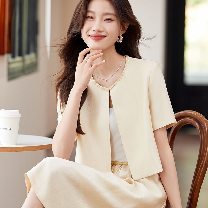 Beaded Jacket with Gathered Midi Skirt Ensemble