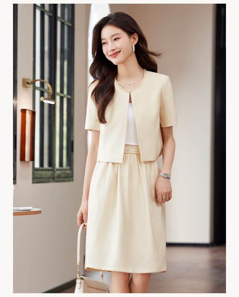 Beaded Jacket with Gathered Midi Skirt Ensemble