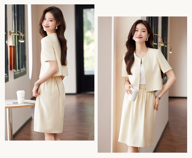 Beaded Jacket with Gathered Midi Skirt Ensemble