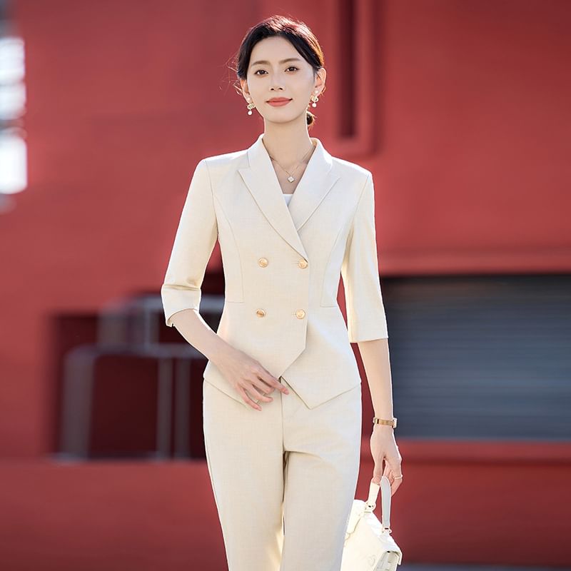 Double Breasted Blazer, Flared Pants & Skirt Set
