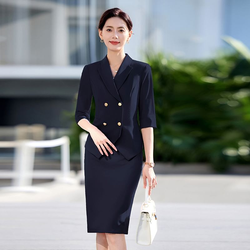 Double Breasted Blazer, Flared Pants & Skirt Set