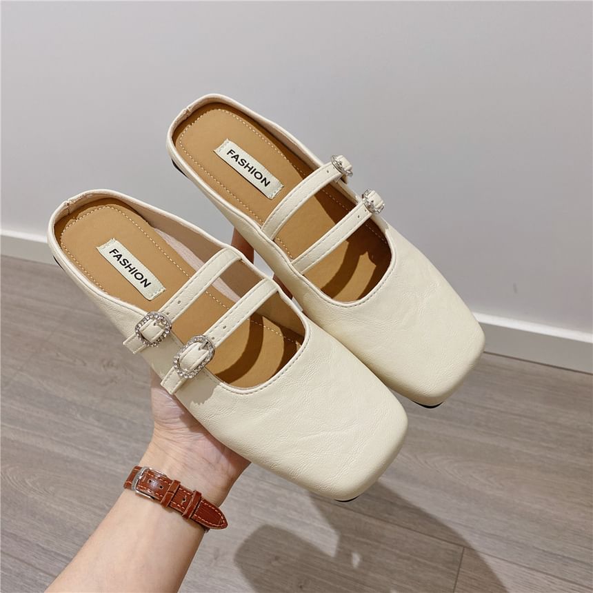 Square Toe Double Strap Rhinestone Buckled Faux Leather Mary Jane Mules