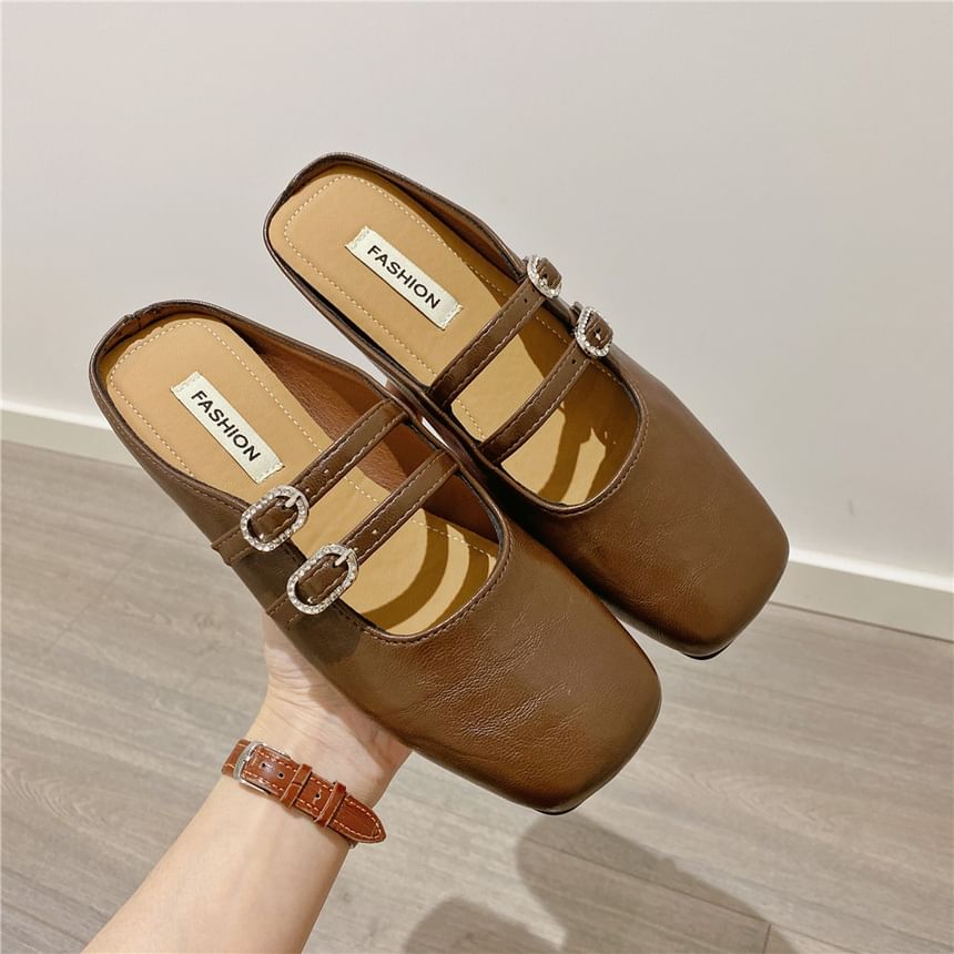 Square Toe Double Strap Rhinestone Buckled Faux Leather Mary Jane Mules