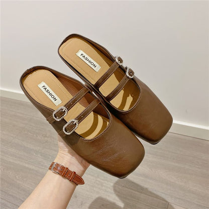 Square Toe Double Strap Rhinestone Buckled Faux Leather Mary Jane Mules