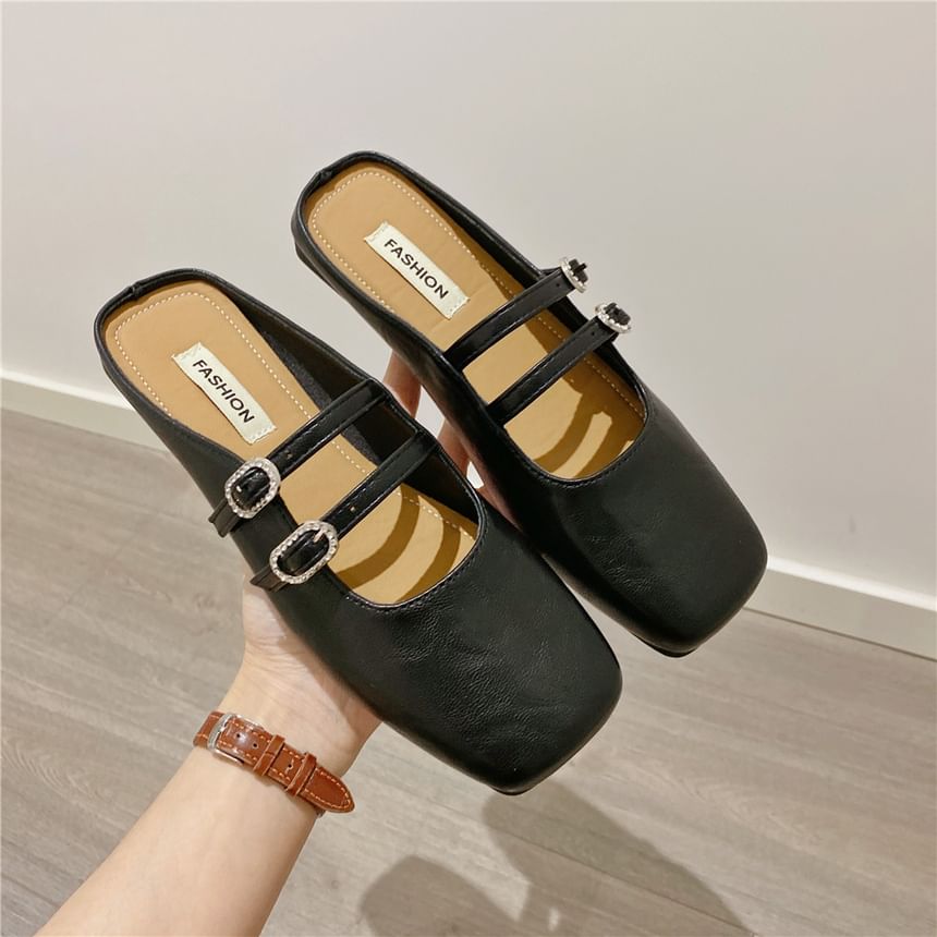 Square Toe Double Strap Rhinestone Buckled Faux Leather Mary Jane Mules