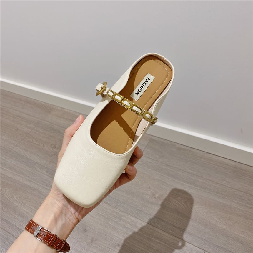 Square Toe Plain Buckled Faux Leather Mary Jane Mules