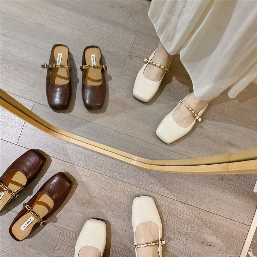Square Toe Plain Buckled Faux Leather Mary Jane Mules