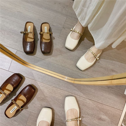 Square Toe Plain Buckled Faux Leather Mary Jane Mules
