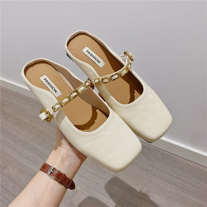 Square Toe Plain Buckled Faux Leather Mary Jane Mules