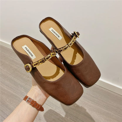 Square Toe Plain Buckled Faux Leather Mary Jane Mules