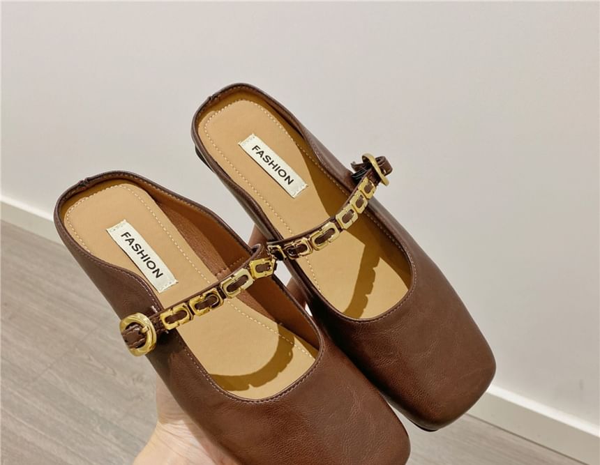 Square Toe Plain Buckled Faux Leather Mary Jane Mules
