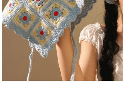 Floral Scarf Head Knit Plaid Triangle