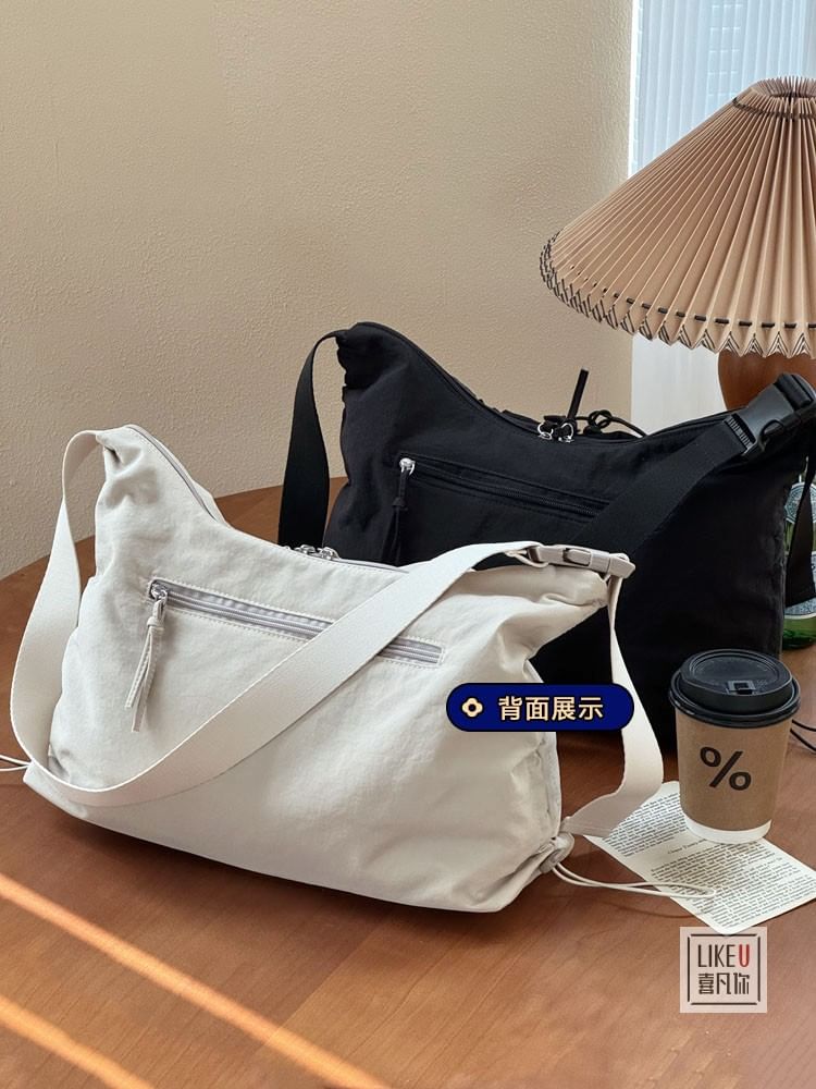 Drawstring Plain Zip Shoulder Bag