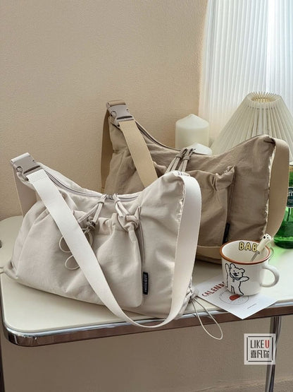 Drawstring Plain Zip Shoulder Bag